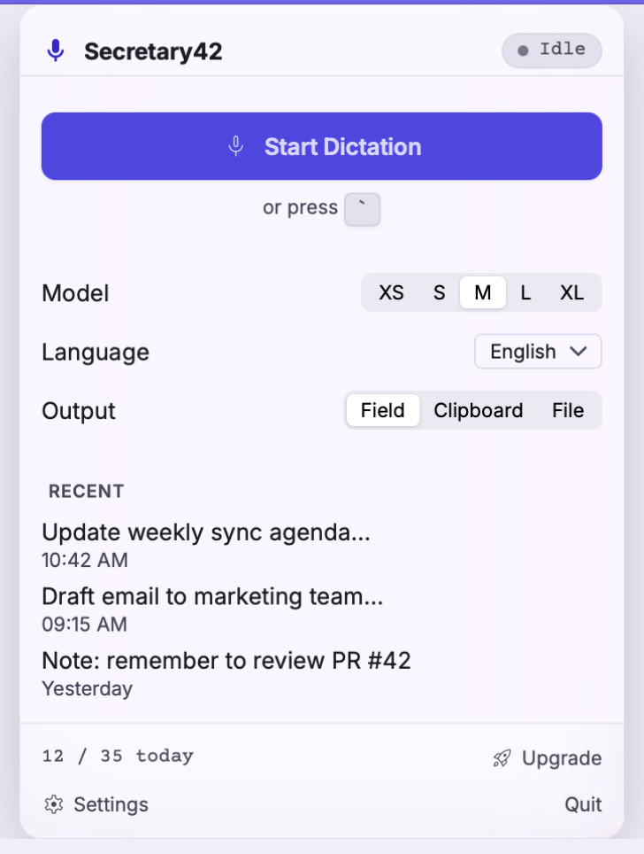 Secretary42 on macOS with model, language, output and recent-transcription controls